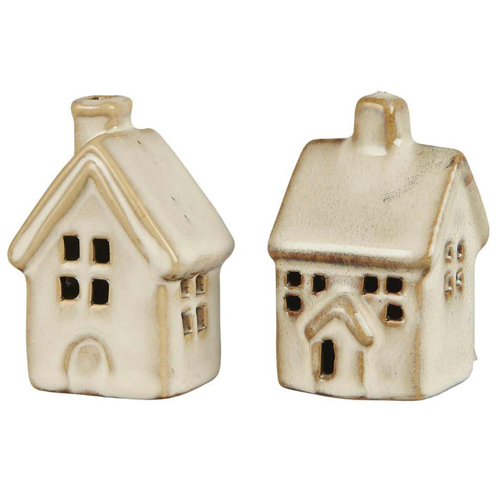 Zwei Ib Laursen - Haus Mini Vintage-Stücke, kleine Keramik-Hausfiguren mit einfachem Design, mit Fenstern und Schornsteinen, in Beige.