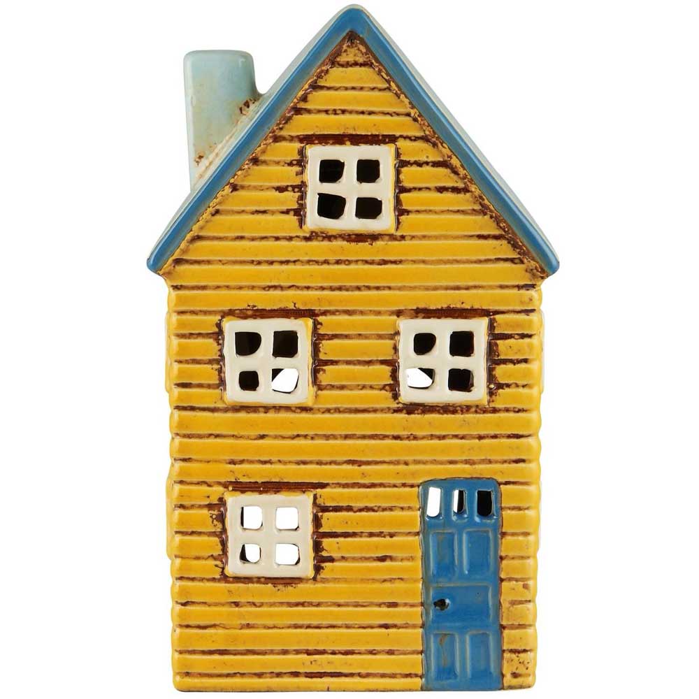 Wir präsentieren das „Haus für Teelicht Thorshavn“ von Ib Laursen, ein Keramikornament in der Form eines bezaubernden gelben Hauses mit blauem Dach und Tür und sechs Fenstern.