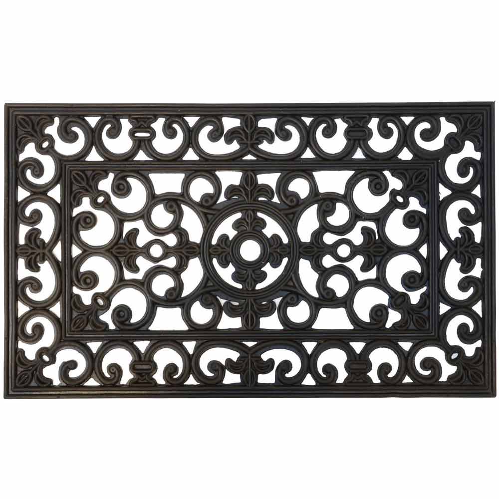 Dekorative rechteckige Ib Laursen - Türmatte Gummi Filigran mit komplizierten Schnörkelmustern und einem zentralen Blumenmotiv auf schlichtem Hintergrund.