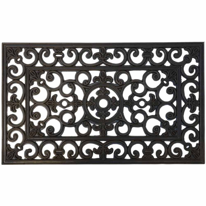 Dekorative rechteckige Ib Laursen - Türmatte Gummi Filigran mit komplizierten Schnörkelmustern und einem zentralen Blumenmotiv auf schlichtem Hintergrund.