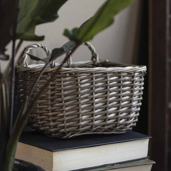 Der Ib Laursen - Wandkorb viereckig mit 2 Henkeln steht auf einem Bücherstapel und ist teilweise von Pflanzenblättern verdeckt.