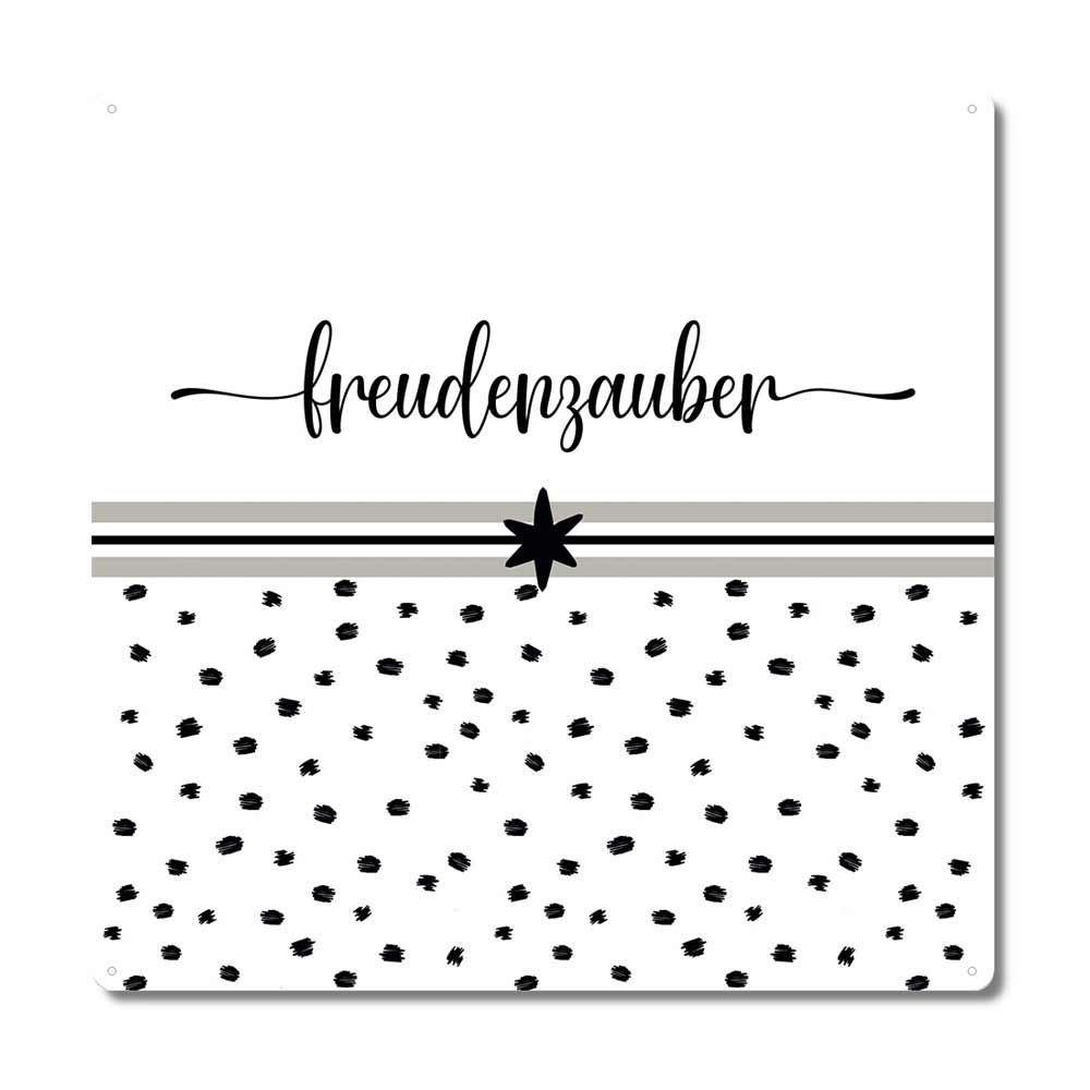 Ein weißes Schild mit schwarzer Schrift, auf dem steht „Interluxe Metallschild – Freudenzauber“. Die untere Hälfte weist ein schwarz-weißes Tupfenmuster auf, das durch schwarze und graue Linien und einen schwarzen Stern getrennt ist.