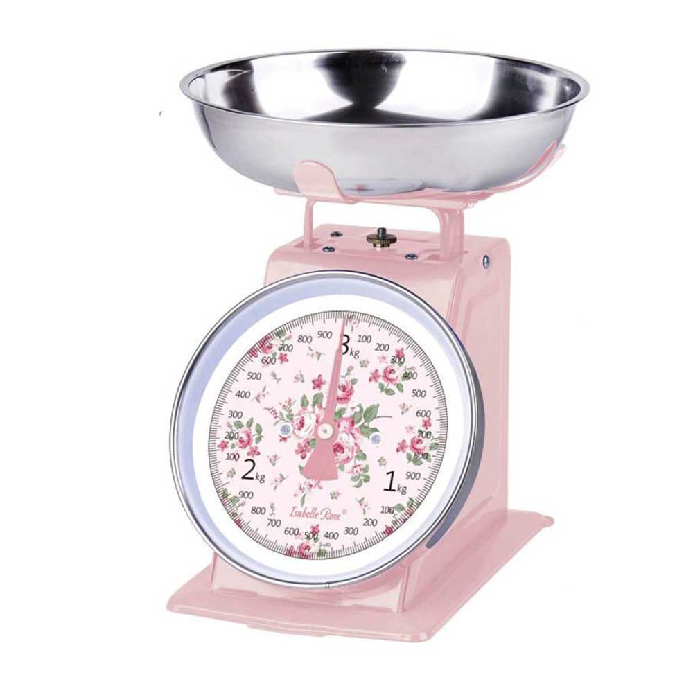 Eine Isabelle Rose - Küchenwaage Retro mit Edelstahlschale und floral gemustertem Zifferblatt.