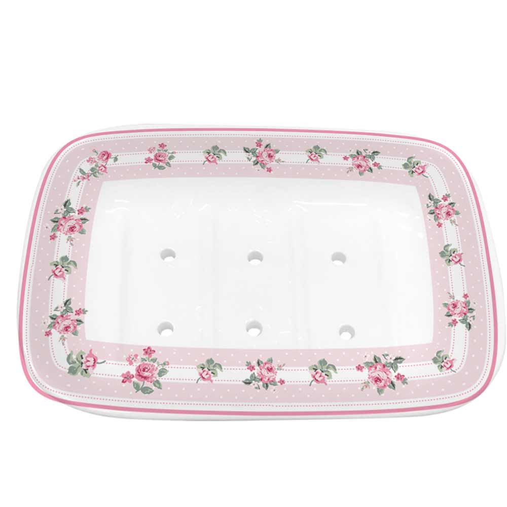 Isabelle Rose – Seifenhalter Keramik mit weißem Sockel und rosa Blumenrand sowie vier in der Mitte gleichmäßig verteilten Abflusslöchern.
