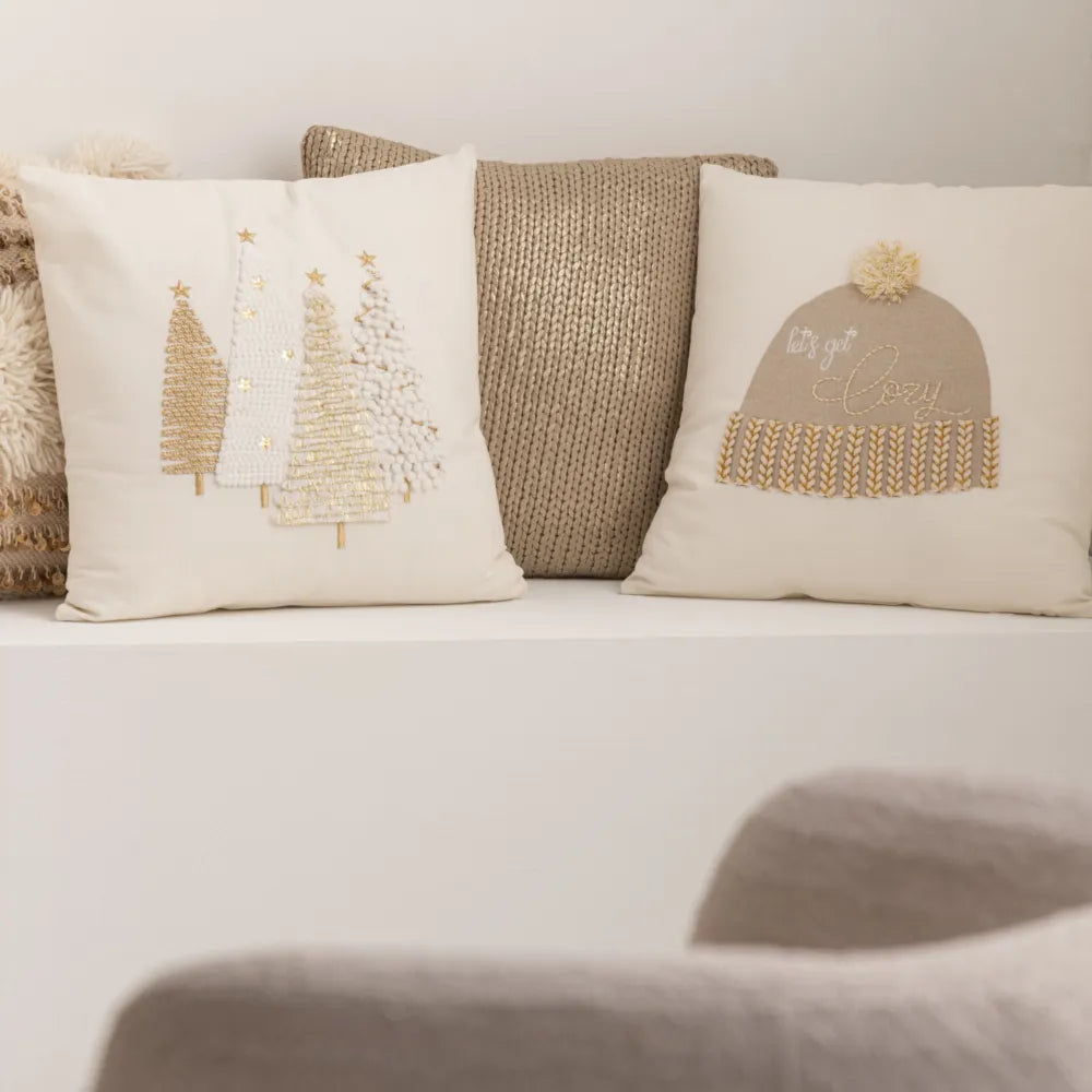 J-Line – Kissen mit goldenen Weihnachtsbäumen Weiß