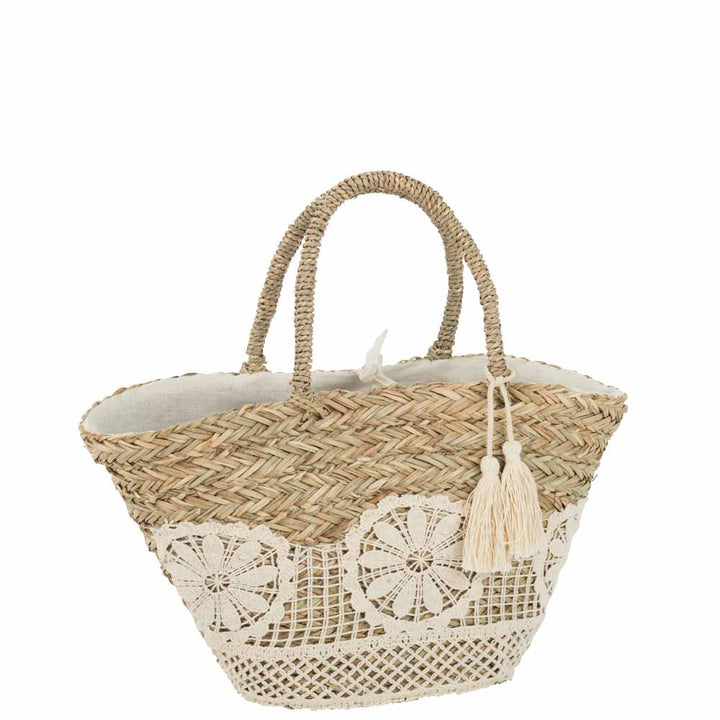J-Line - Strandtasche mit Spitze Blumen und Quasten Jute Naturell Weiß