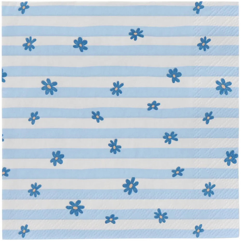 Ib Laursen - Kaffeeserviette blaue Blumen, hellblaue Streifen 20 Stück
