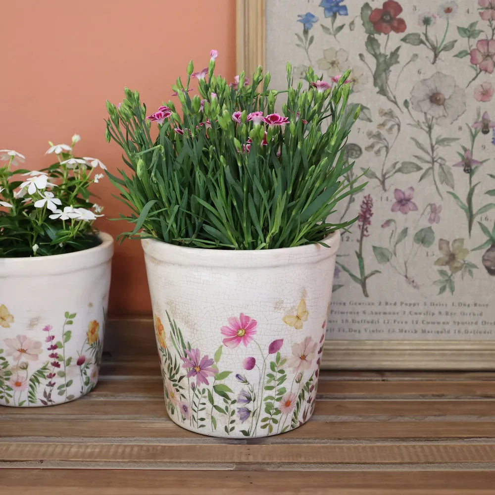Chic Antique - Keramik Übertopf Creme mit Wiesenblumen-Motiv
