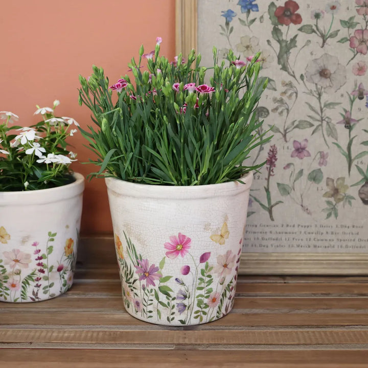 Chic Antique - Keramik Übertopf Creme mit Wiesenblumen-Motiv