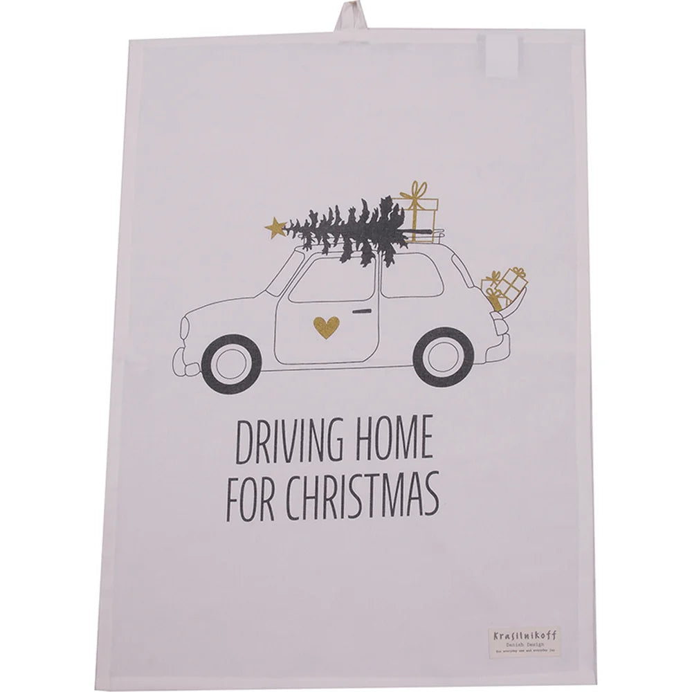 Krasilnikoff - Geschirrtuch Driving Home for Christmas White