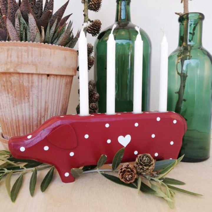 Madleys - Kerzenhalter Schwein Advent Holz rot mit Punkte