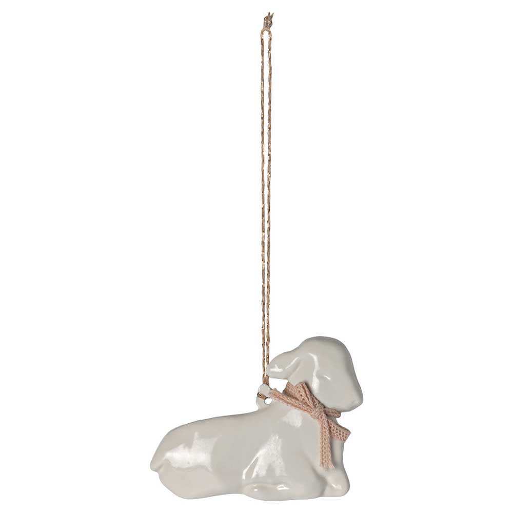 Metalllamm-Ornament, an einer Schnur aufgehängt.