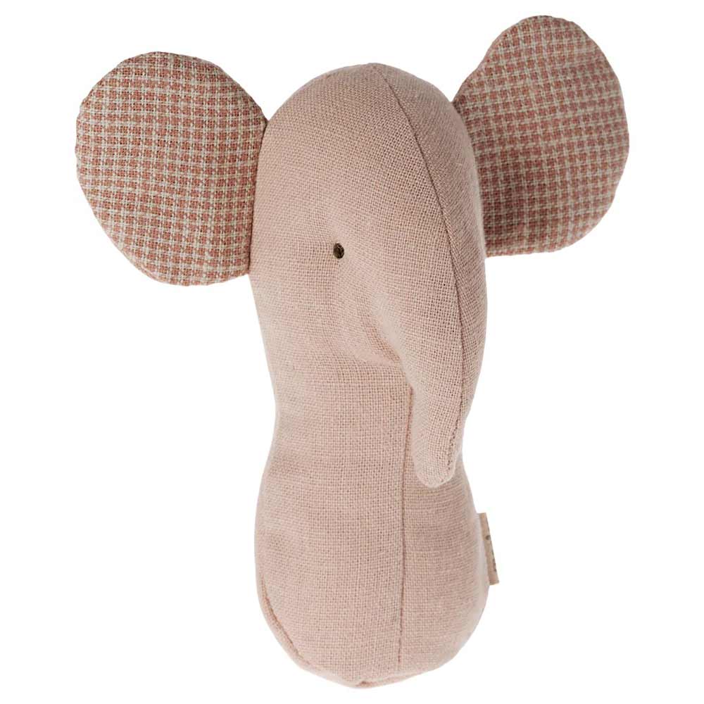 Ein weicher, rosa Maileg - Elefant Rassel Lullaby Friends mit Ohren aus strukturiertem Stoff.