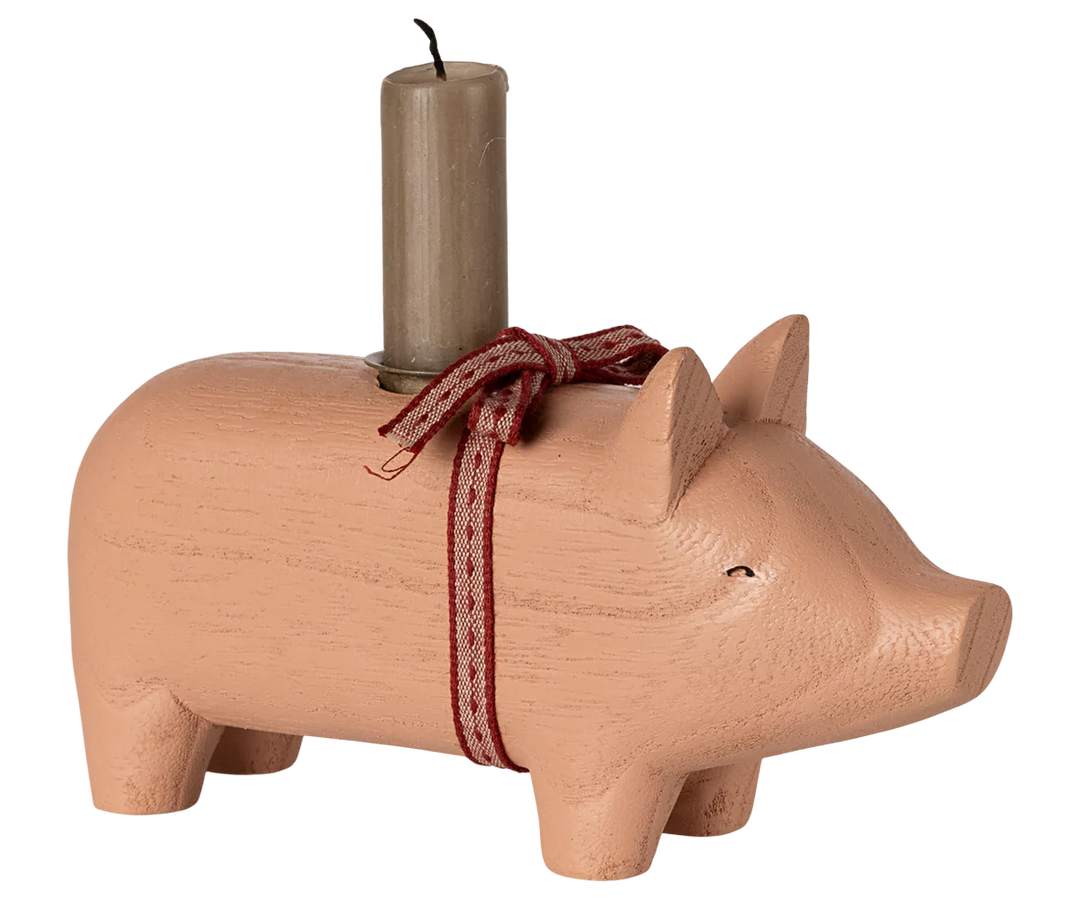 Maileg - Kerzenständer aus Holz Schwein Medium - Rosa