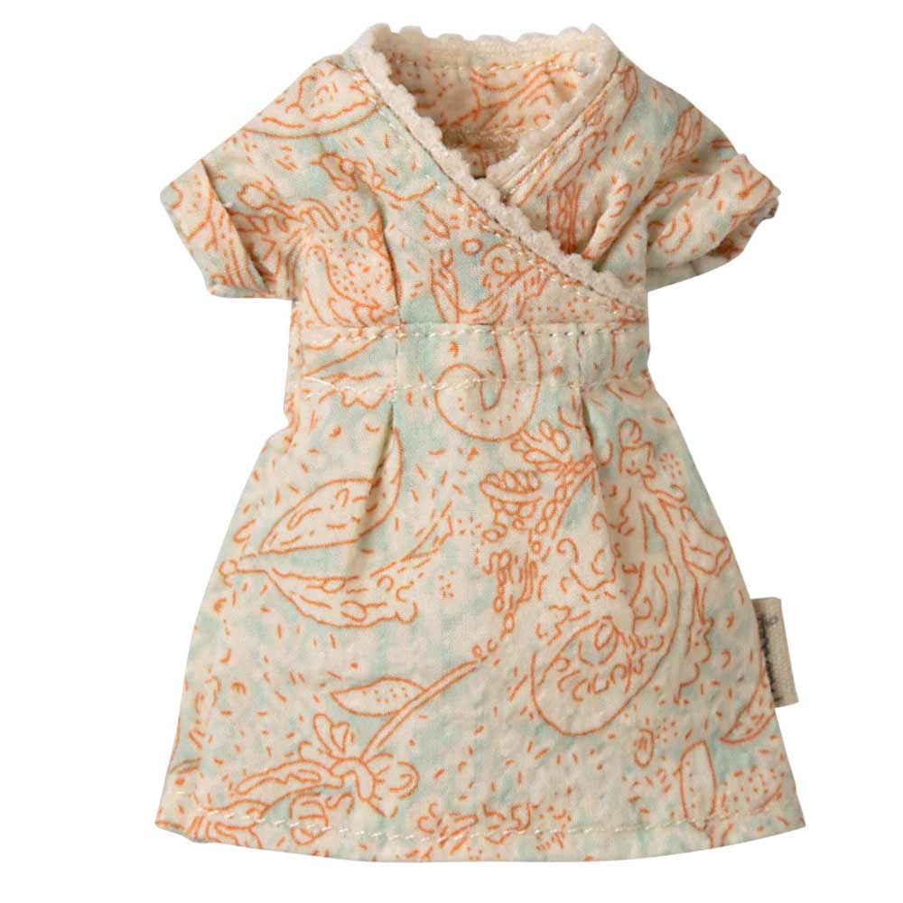 Kleines, gemustertes hellblaues und orangefarbenes Kleid mit kurzen Ärmeln und Wickelausschnitt für die Maileg - Mama Maus.