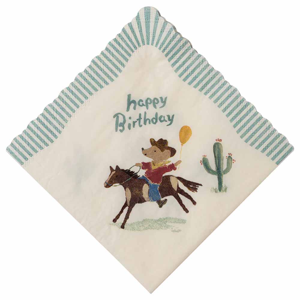 Die Maileg Papierserviette „Happy Birthday Pony Cowboy“ zeigt ein Cartoon-Tier, das auf einem Pony reitet, einen Ballon hält und neben einem Kaktus steht, mit dem Text „Happy Birthday“ und blau gestreiften Rändern.