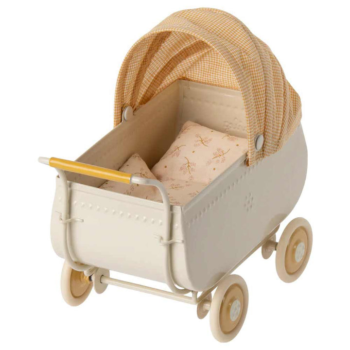 Maileg - Puppenhaus Kinderwagen aus Metall weiß-gelb
