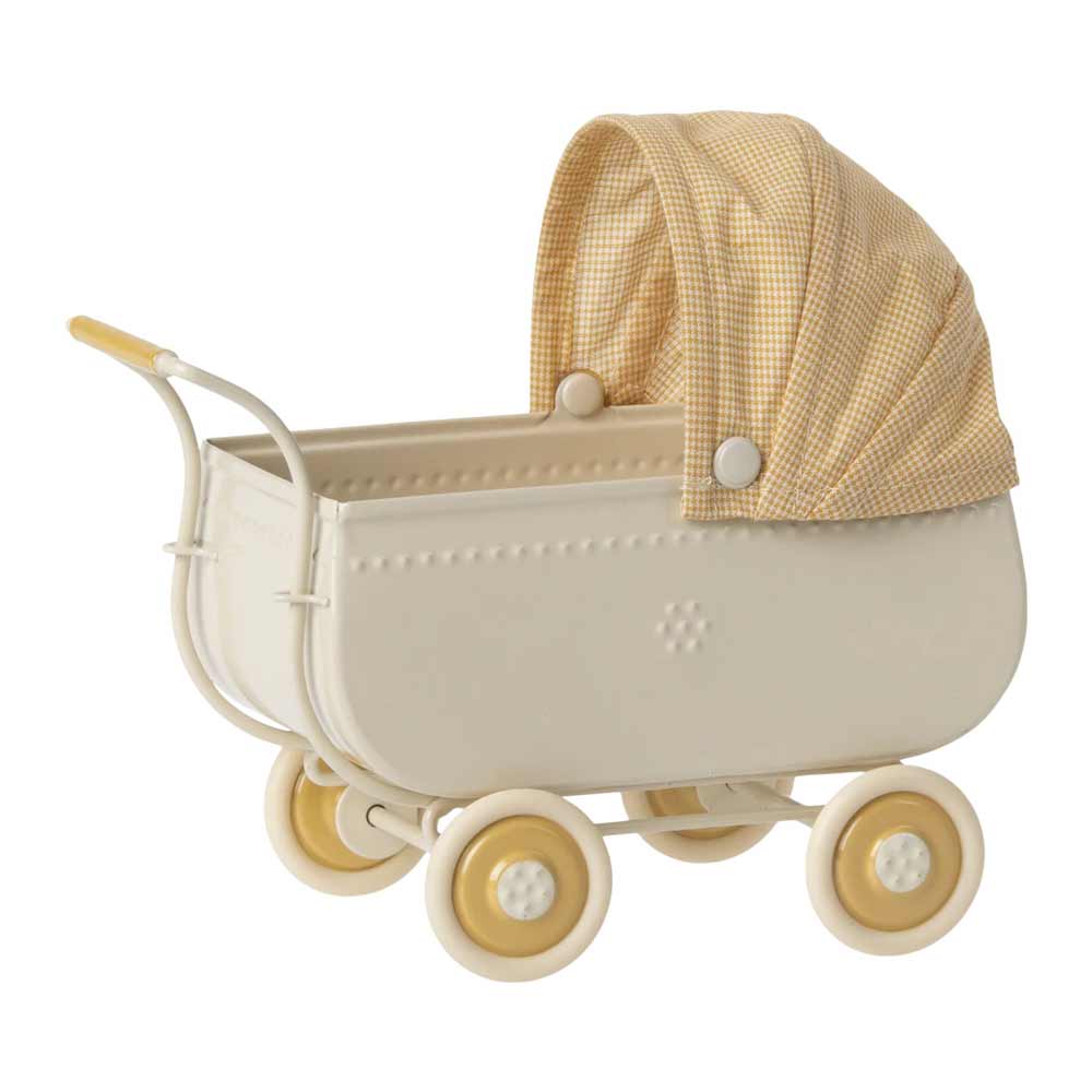 Maileg - Puppenhaus Kinderwagen aus Metall weiß-gelb