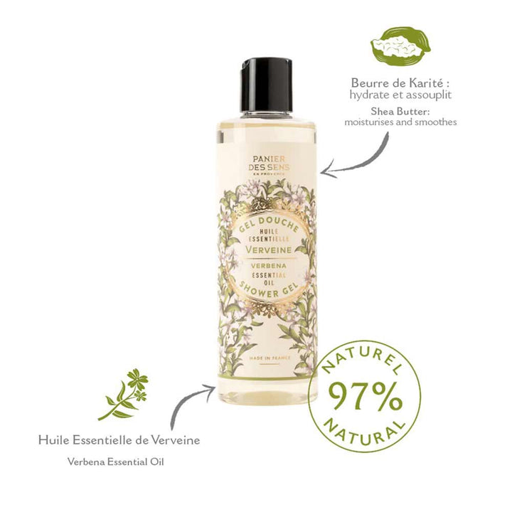 Eine Flasche Panier des Sens – Duschgel Eisenkraut (Verbene) 250 ml Duschgel, gekennzeichnet als 97 % natürlich, mit Symbolen, die den Sheabuttergehalt und die natürlichen Öle angeben.