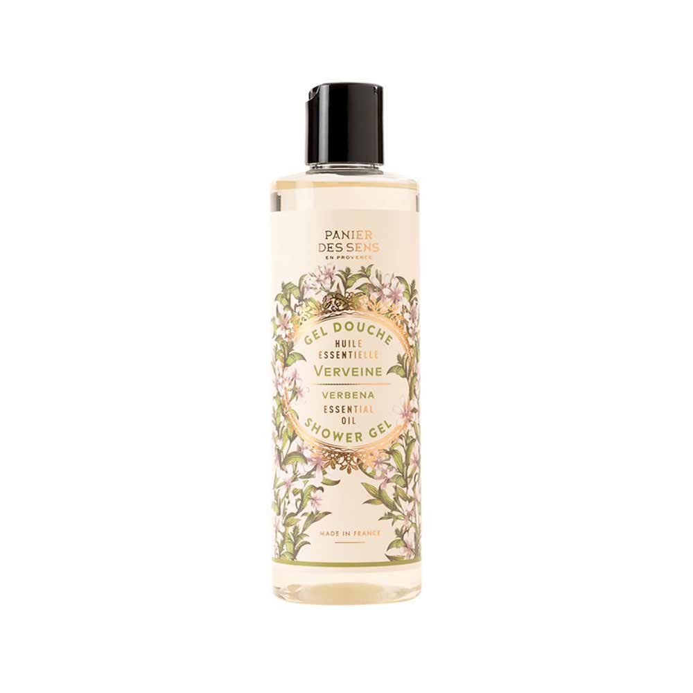 Eine Flasche Panier des Sens – Duschgel Eisenkraut (Verbene) 250 ml, mit einem durchsichtigen Behälter mit Blumen- und Blätterdesign, beschriftet in eleganter Typografie.