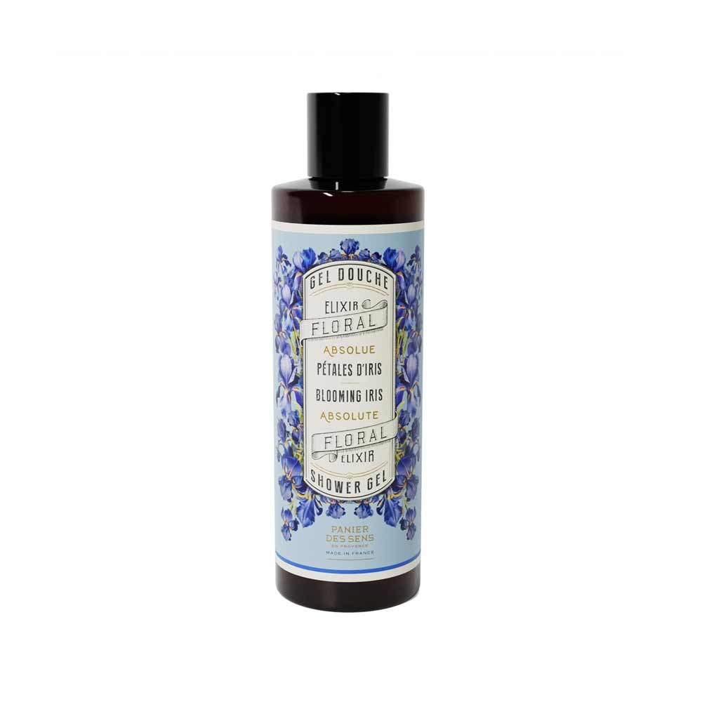 Eine Flasche Panier des Sens - Duschgel Irisblütenblätter 250 ml. Die Flasche hat einen schwarzen Verschluss und ein Etikett mit floralen Motiven.