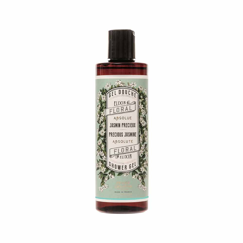 Eine Flasche Duschgel mit der Aufschrift „Panier des Sens – Duschgel Jasmin 250 ml“ mit schwarzem Deckel und Blumenmuster auf dem Etikett. Hergestellt in Frankreich.