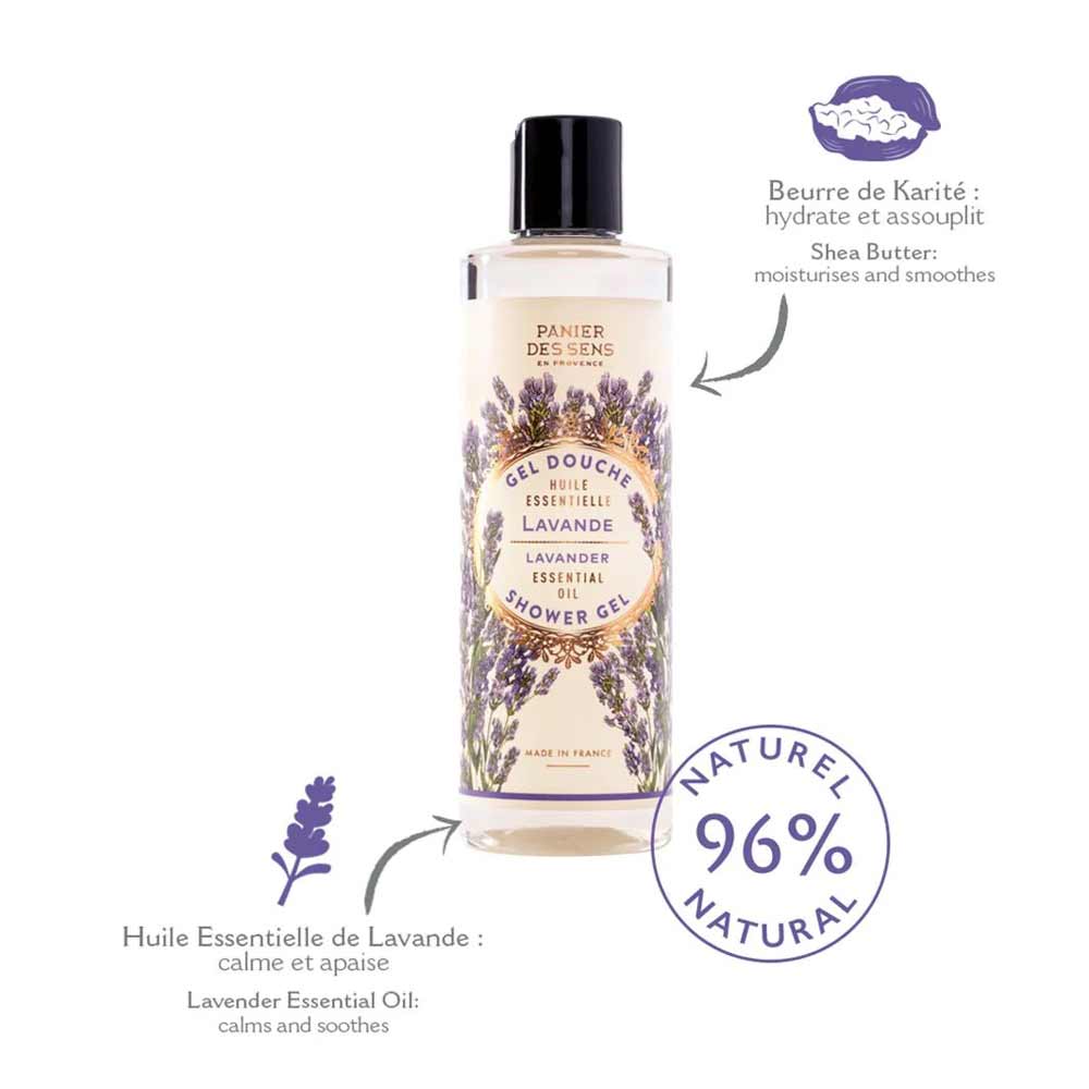 Eine Flasche Panier des Sens – Duschgel Lavendel 250 ml mit 96 % natürlichen Inhaltsstoffen, Lavendel zur Beruhigung und Linderung und Sheabutter zur Befeuchtung und Glättung.