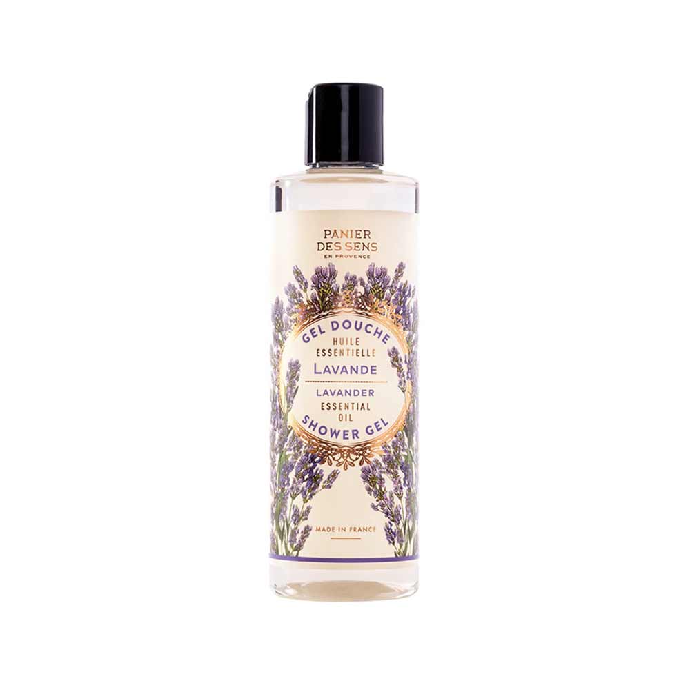 Klar, hier ist der Satz mit dem ersetzten Produktnamen:

Eine Flasche Panier des Sens - Duschgel Lavendel 250ml, hergestellt in Frankreich, mit schwarzem Verschluss und einem Etikett mit Lavendelblüten.
