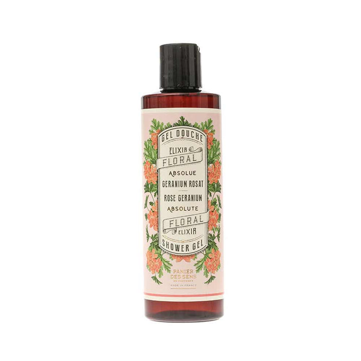 Eine Flasche Panier des Sens – Duschgel Rosengeranie 250 ml, mit Blumengrafik auf dem Etikett und schwarzem Deckel.