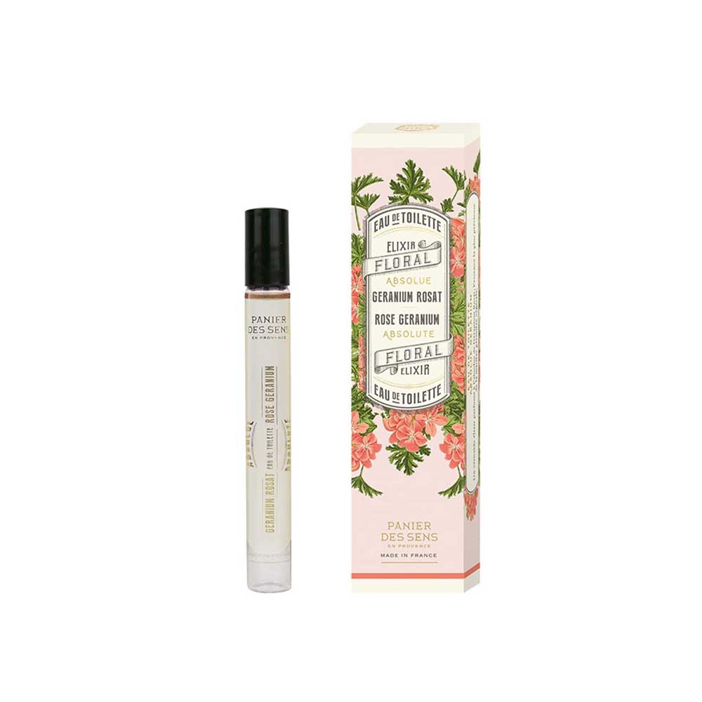 Eine Flasche Panier des Sens – Eau de Toilette Roll-on Rosengeranie 10 ml neben ihrer dekorativen Verpackung.