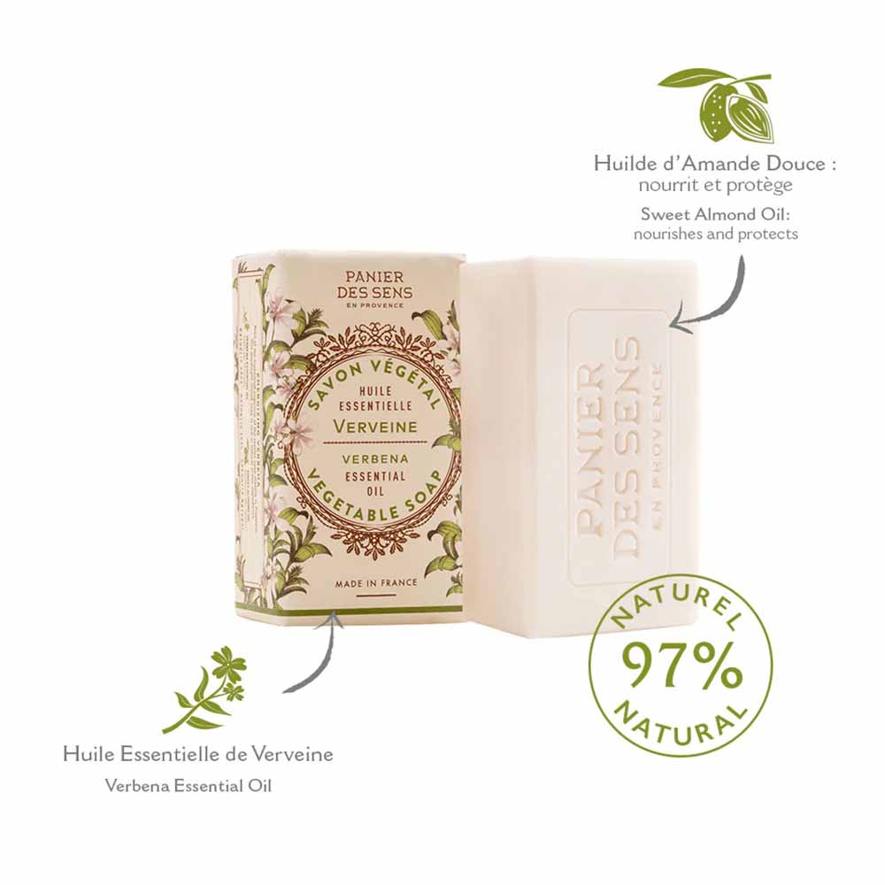 Panier des Sens – Feste Pflanzenseife Eisenkraut (Verbene), 150-g-Riegel und Verpackung mit Blumenmuster, mit der Aufschrift „ätherisches Eisenkrautöl“ und „97 % natürlich“, was auf die französische Herstellung hinweist.