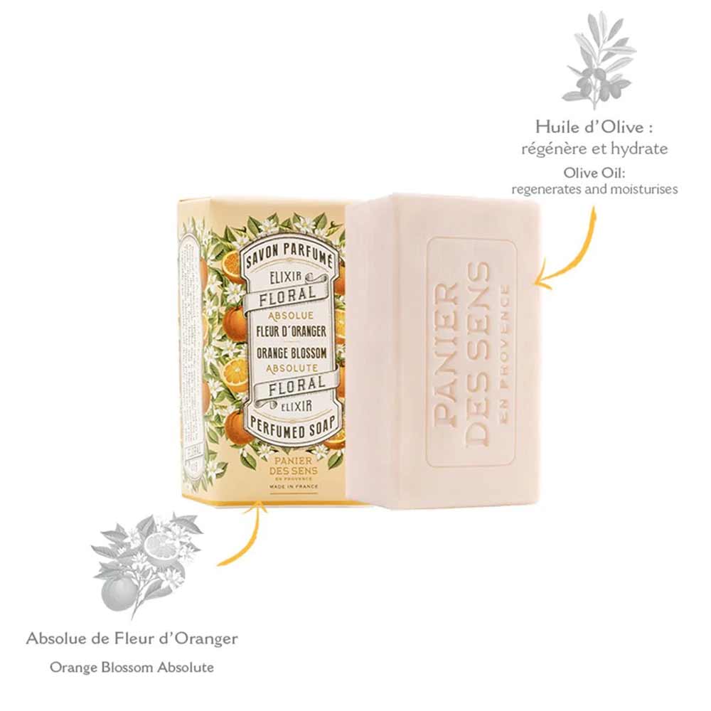 Ein Stück parfümierte Seife mit der Aufschrift „Panier des Sens – Feste Seife mit Duft Rosengeranie 150 g“ befindet sich neben der Verpackung und einem erklärenden Text, in dem die Inhaltsstoffe Orangenblütenextrakt und Olivenöl aufgeführt sind.