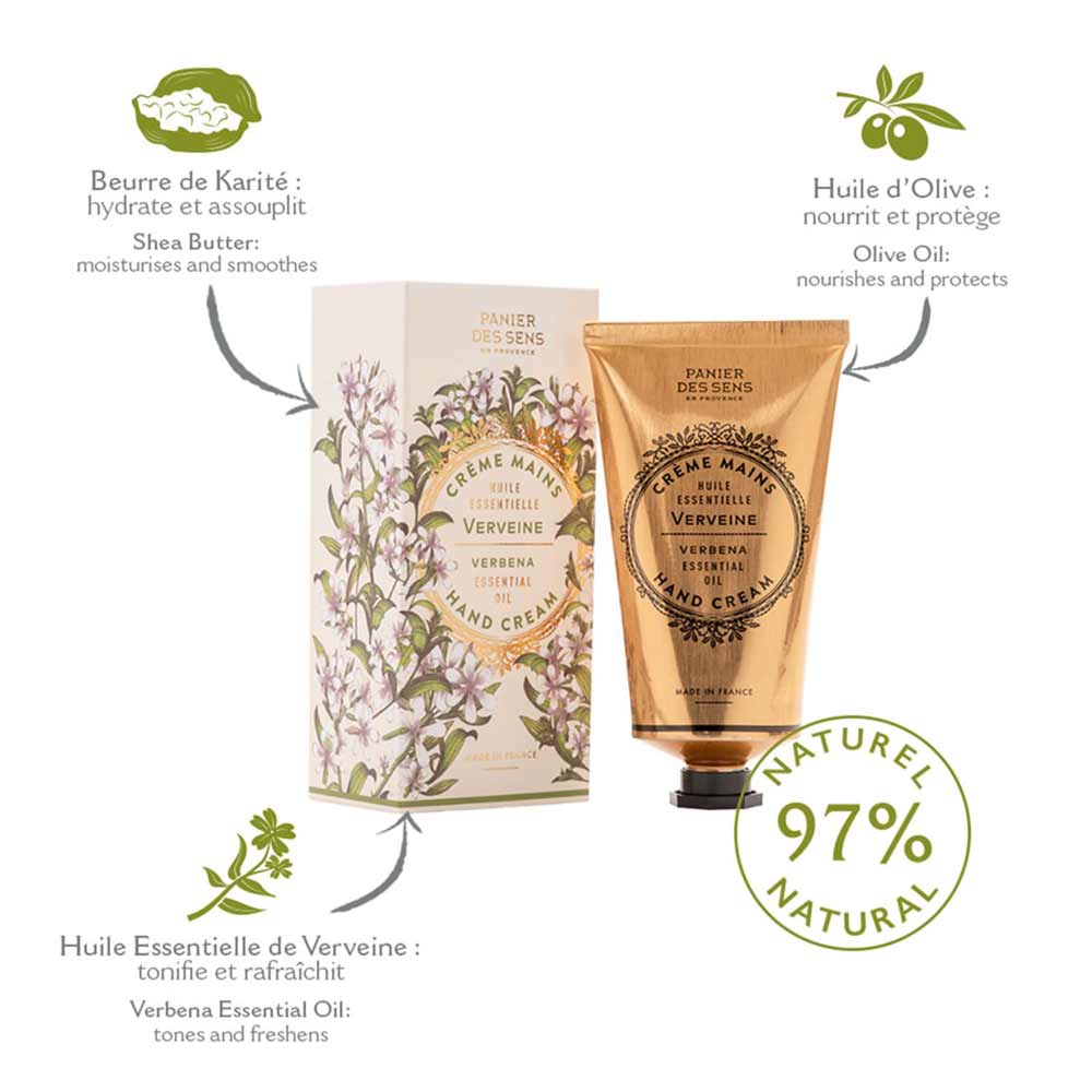 Eine Reihe von Panier des Sens Handcreme-Eisenkraut-Produkten mit Sheabutter, Olivenöl und ätherischem Eisenkrautöl, wobei der Schwerpunkt auf 97 % natürlichen Inhaltsstoffen liegt.
