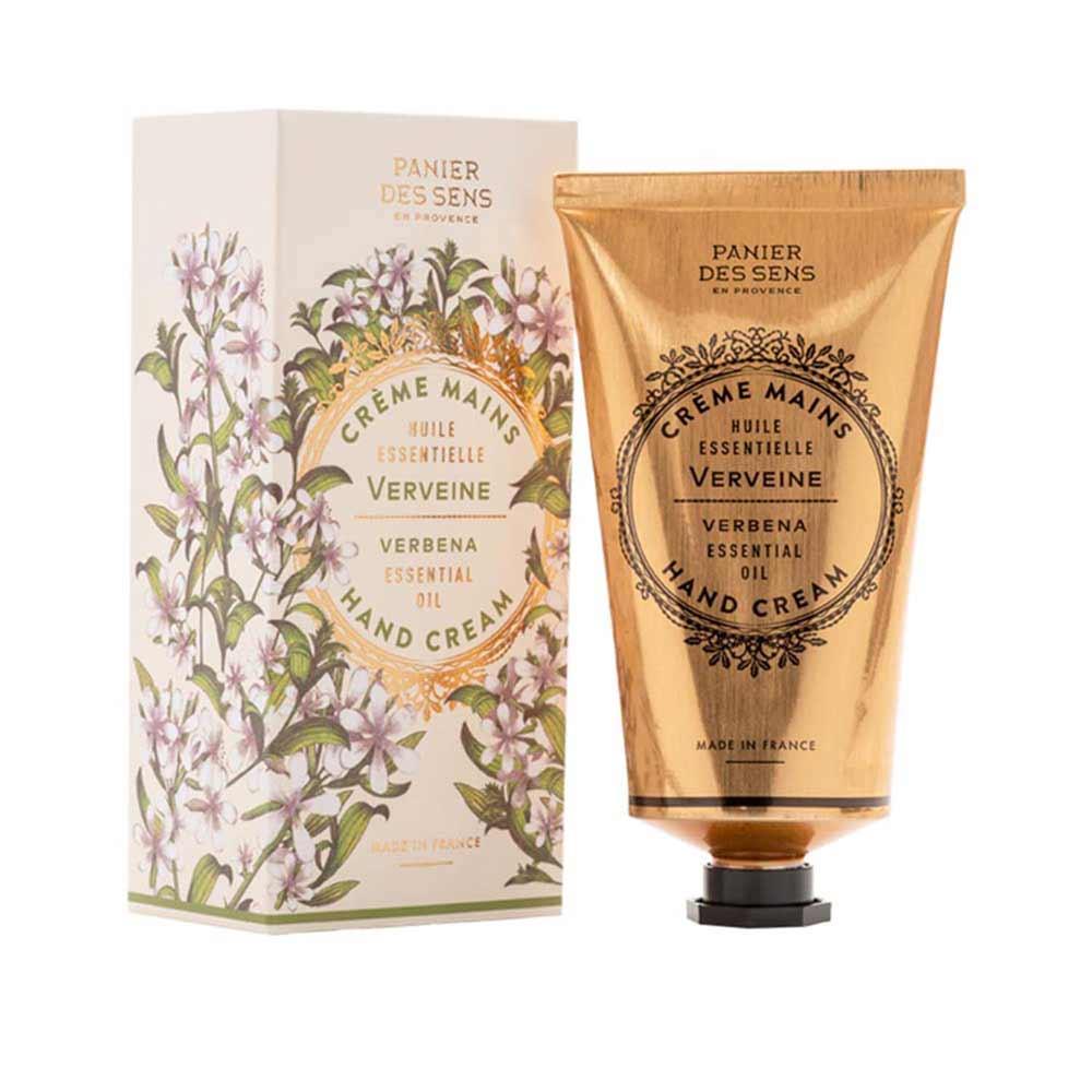 Eine Tube Panier des Sens - Handcreme Eisenkraut (Verbene) neben der Verpackung mit Blumenmuster.