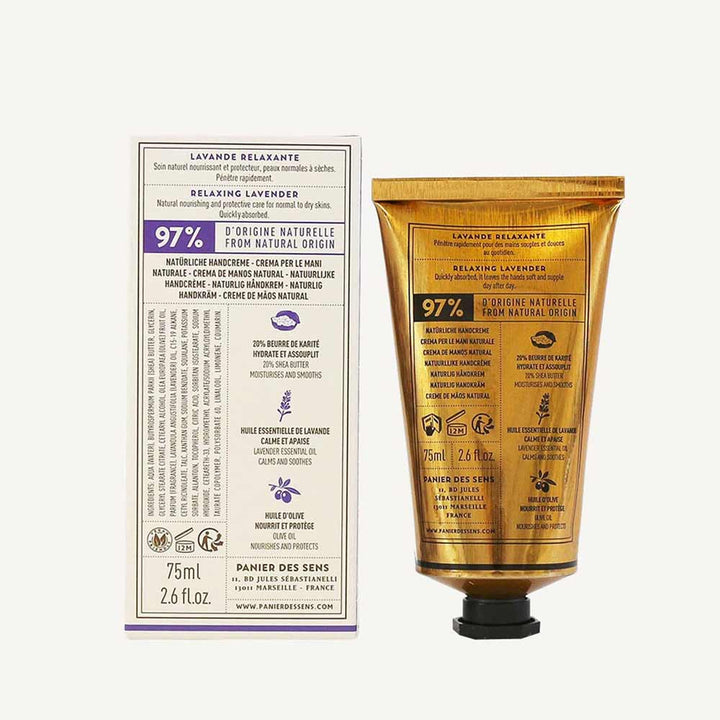 Zwei Tuben Panier des Sens - Handcreme Lavendel mit detaillierten Produktinformationen und Inhaltsstoffen auf der Verpackung.