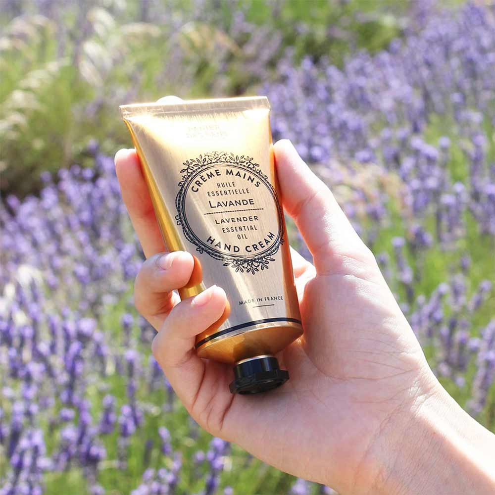 Eine Hand hält eine Tube Panier des Sens - Handcreme Lavendel vor einem Feld voller Lavendelblüten.