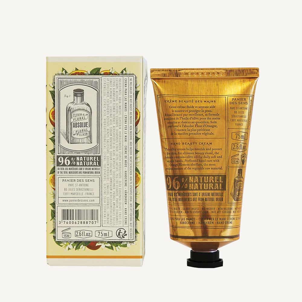 Verpackung der Panier des Sens - Handcreme Orangenblüte und Tube mit natürlichen Inhaltsstoffen und Produktinformationen.