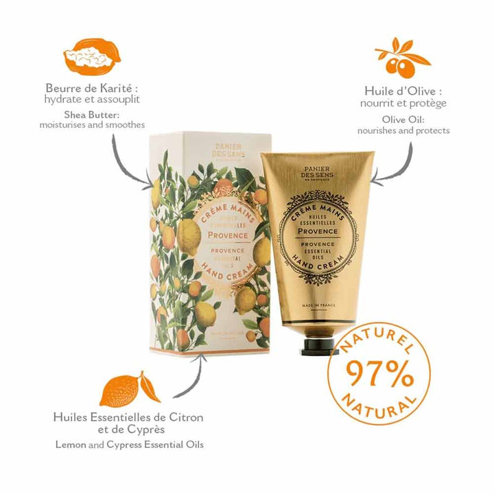 Eine Ausstellung von Panier des Sens – Handcreme Provence mit natürlichen Inhaltsstoffen wie Sheabutter und Olivenöl, akzentuiert mit ätherischen Zitronen- und Zypressenölen, die zu 97 % aus natürlichen Inhaltsstoffen bestehen.