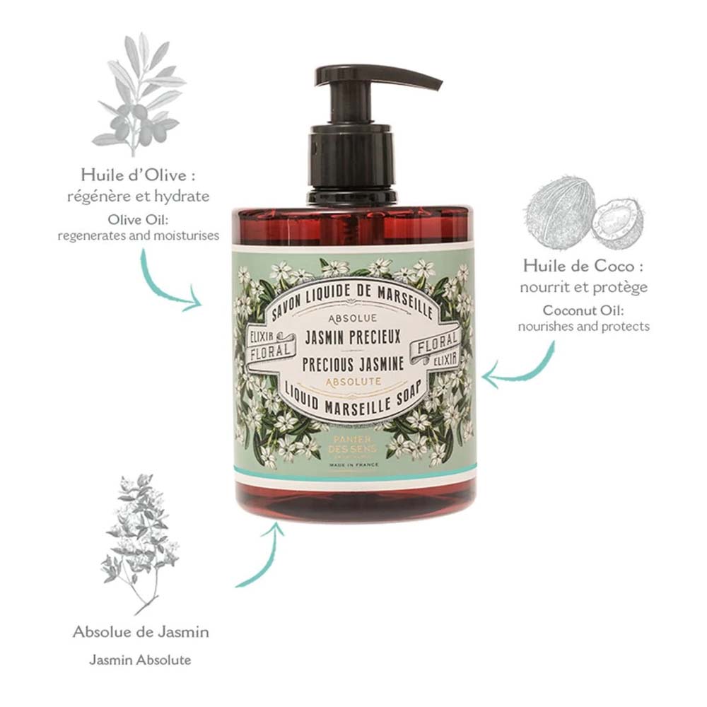 Eine Flasche Panier des Sens – Marseiller Flüssige Handseife Jasmin 500 ml mit Pumpspender, beschriftet mit „Precious Jasmine“ und Bildern von Jasminblüten. Angegebene Inhaltsstoffe: Olivenöl, Kokosöl und Jasmin Absolue. Hergestellt in Frankreich.
