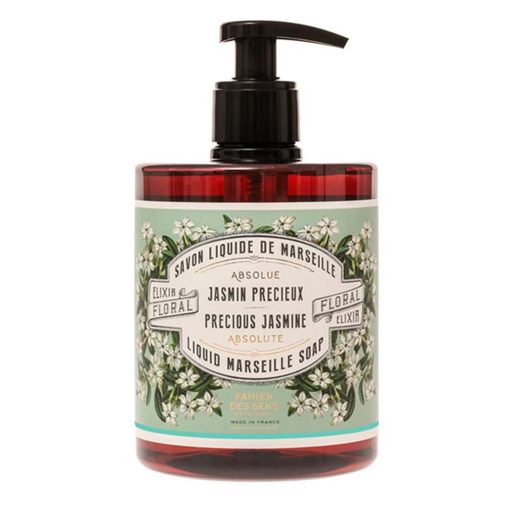 Eine Pumpflasche mit der Aufschrift „Panier des Sens – Marseiller Flüssige Handseife Jasmin 500ml“ mit floralem Design auf hellblauem Hintergrund.