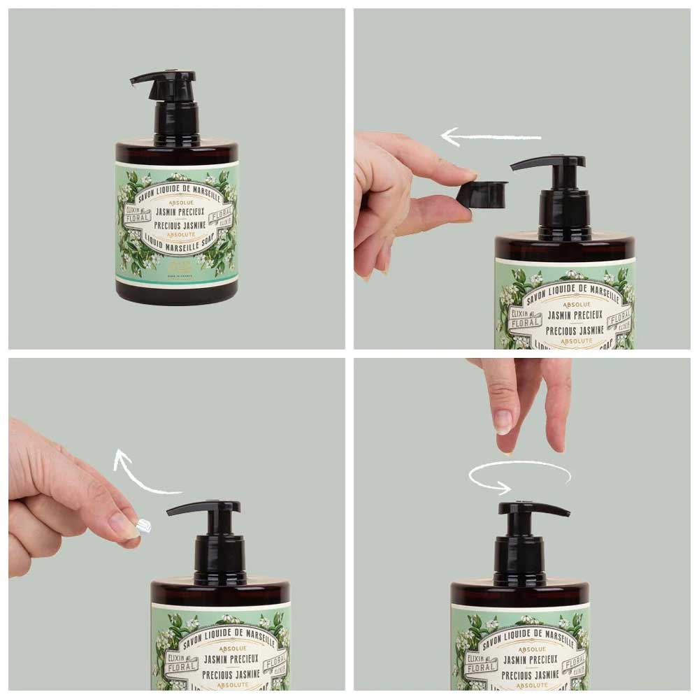 Vier-Schritte-Sequenz, die eine Hand zeigt, die eine Pumpflasche Panier des Sens - Marseiller Flüssige Handseife Lavendel 500 ml verwendet.