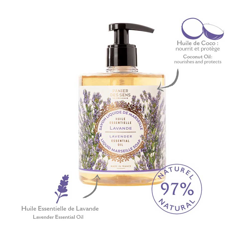 Flasche Panier des Sens Marseiller Flüssige Handseife Lavendel 500 ml Flüssigseife mit Kokosölbestandteil, 97 % natürlich.