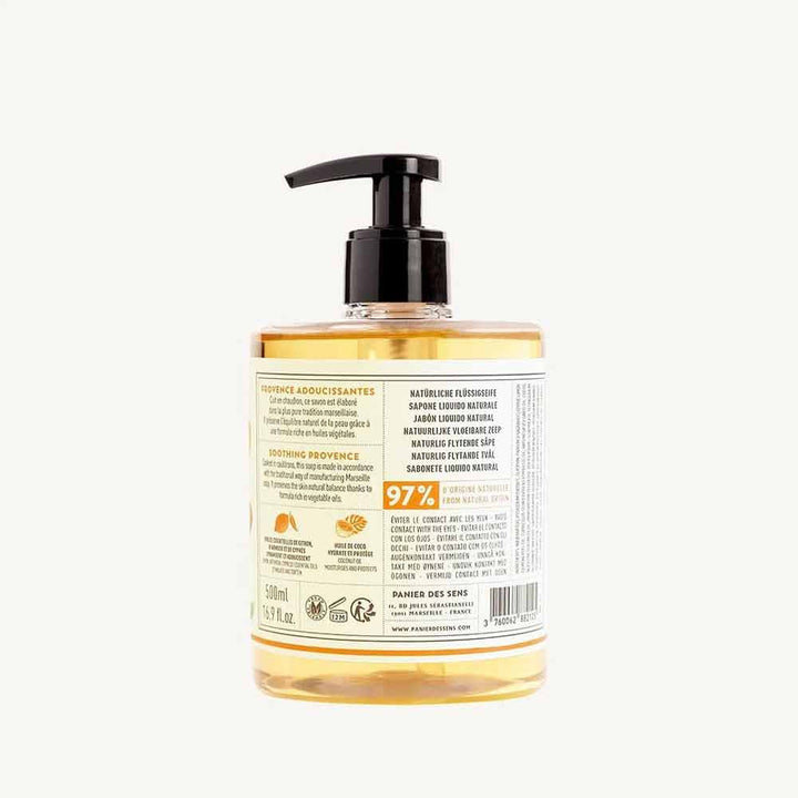 Panier des Sens - Marseiller Flüssige Handseife Provence 500ml mit Pumpspender und ausführlicher Beschriftung.