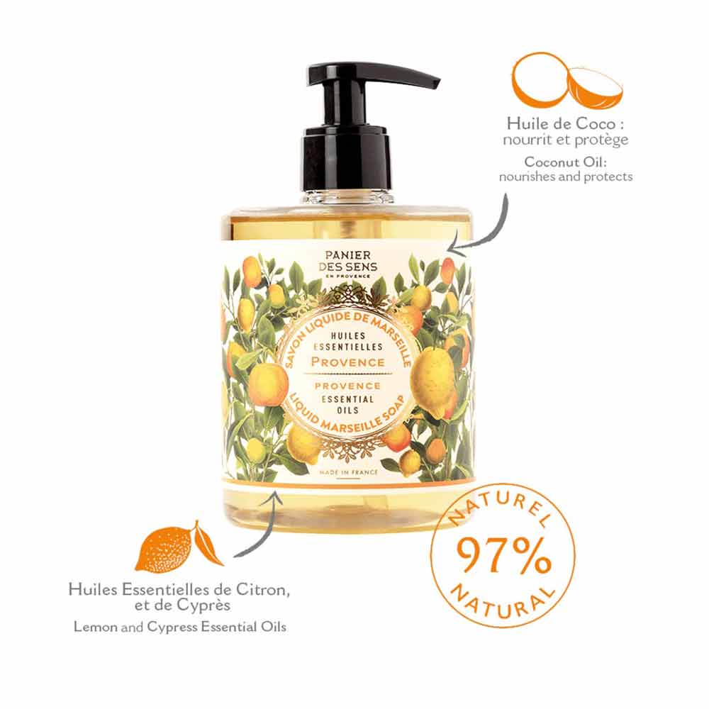 Eine Flasche Panier des Sens – Marseiller Flüssige Handseife Provence 500 ml mit ätherischen Zitronen- und Zypressenölen, die angeblich zu 97 % natürlich ist.
