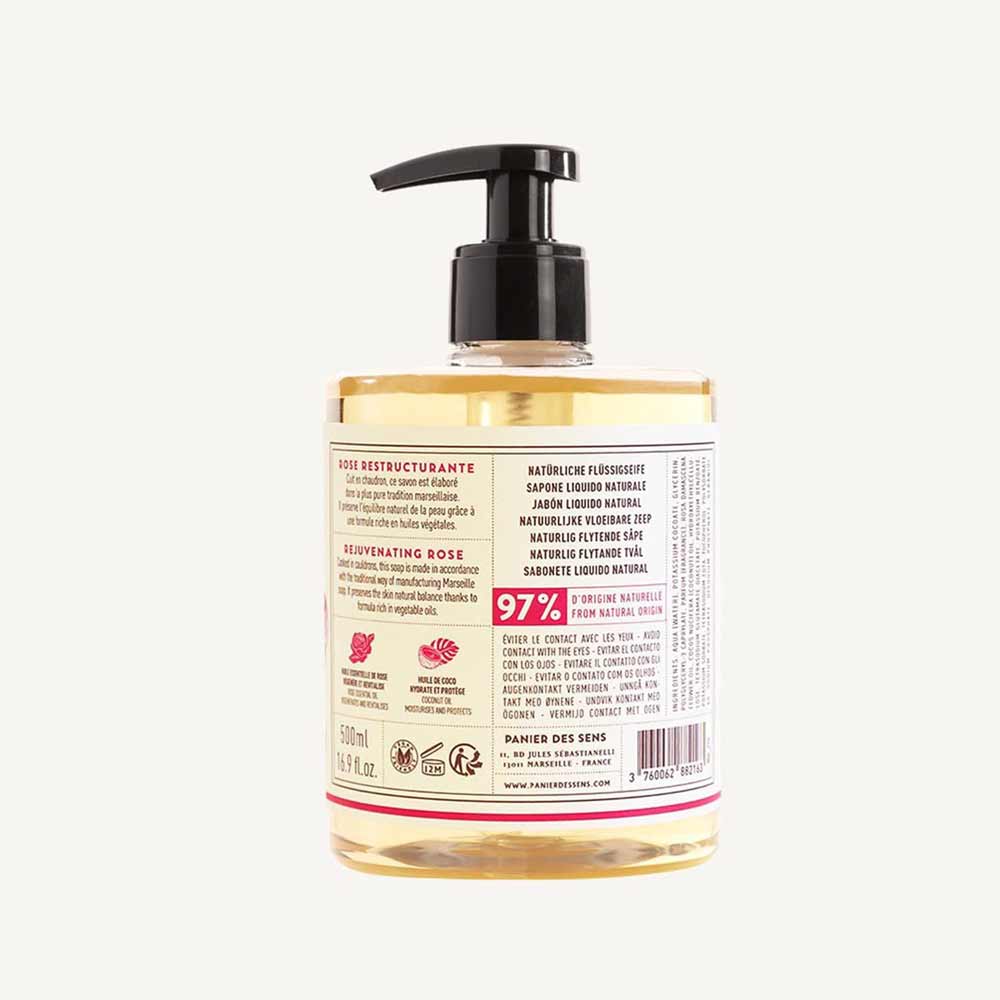Panier des Sens - Marseiller Flüssige Handseife Rose 500-ml-Flasche Flüssigseife mit Pumpspender und Produktinformationsetiketten.