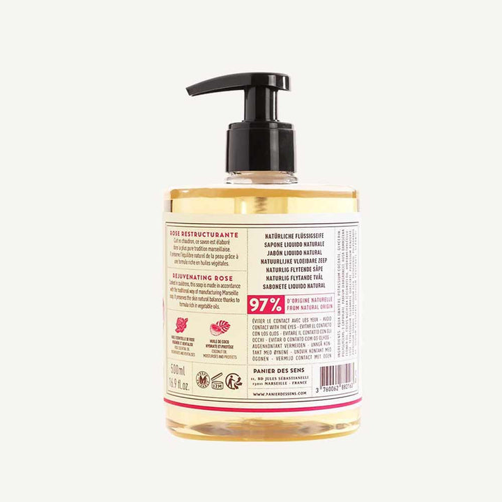 Panier des Sens - Marseiller Flüssige Handseife Rose 500-ml-Flasche Flüssigseife mit Pumpspender und Produktinformationsetiketten.