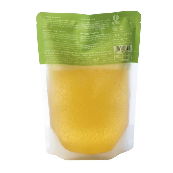 Flexible Beutelverpackung von Panier des Sens - Marseiller Flüssigseife Nachfüllbeutel Jasmin 500ml mit Etiketteninformationen oben.