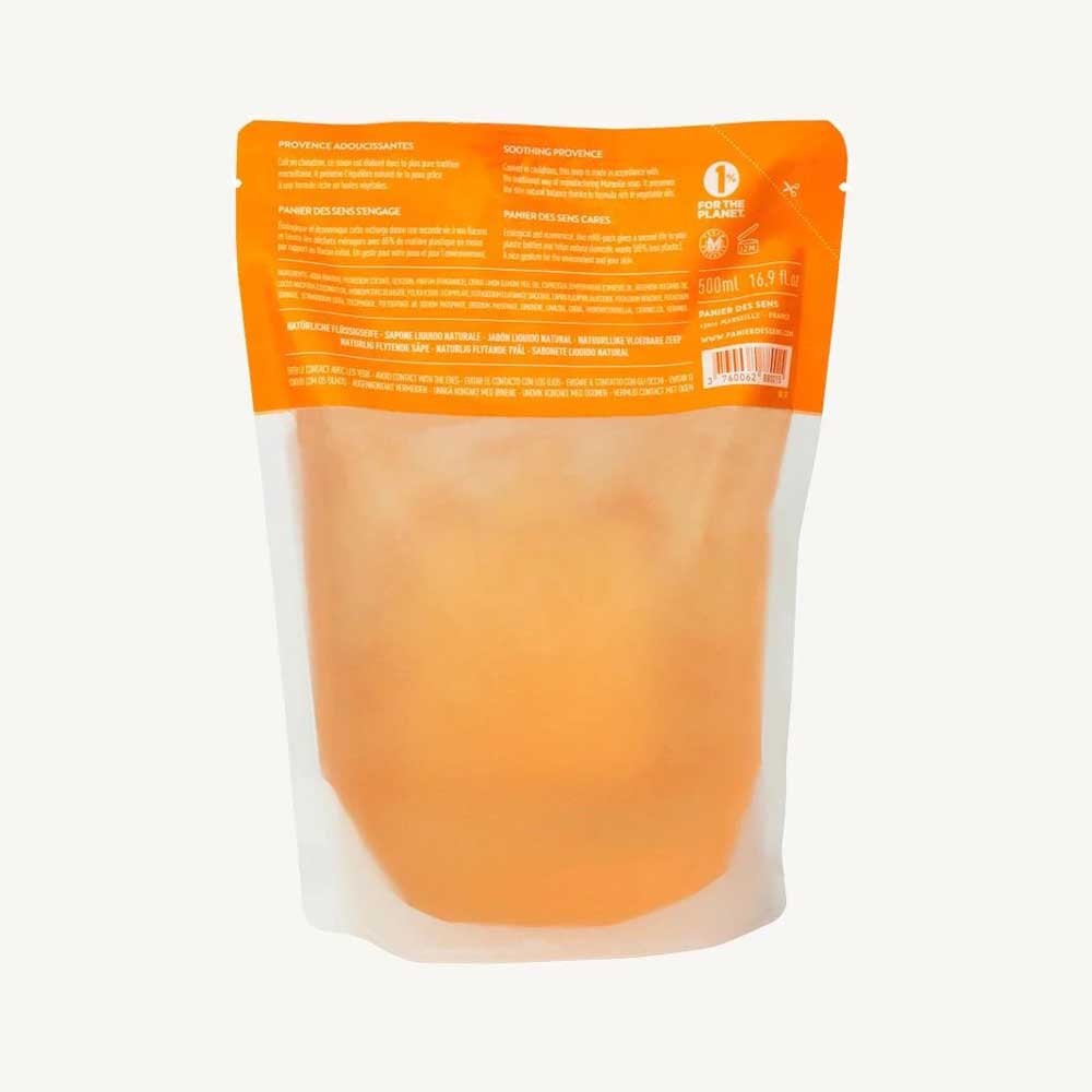 Panier des Sens - Marseiller Flüssigseife Nachfüllbeutel Provence 500 ml im transparenten, versiegelten Standbodenbeutel.