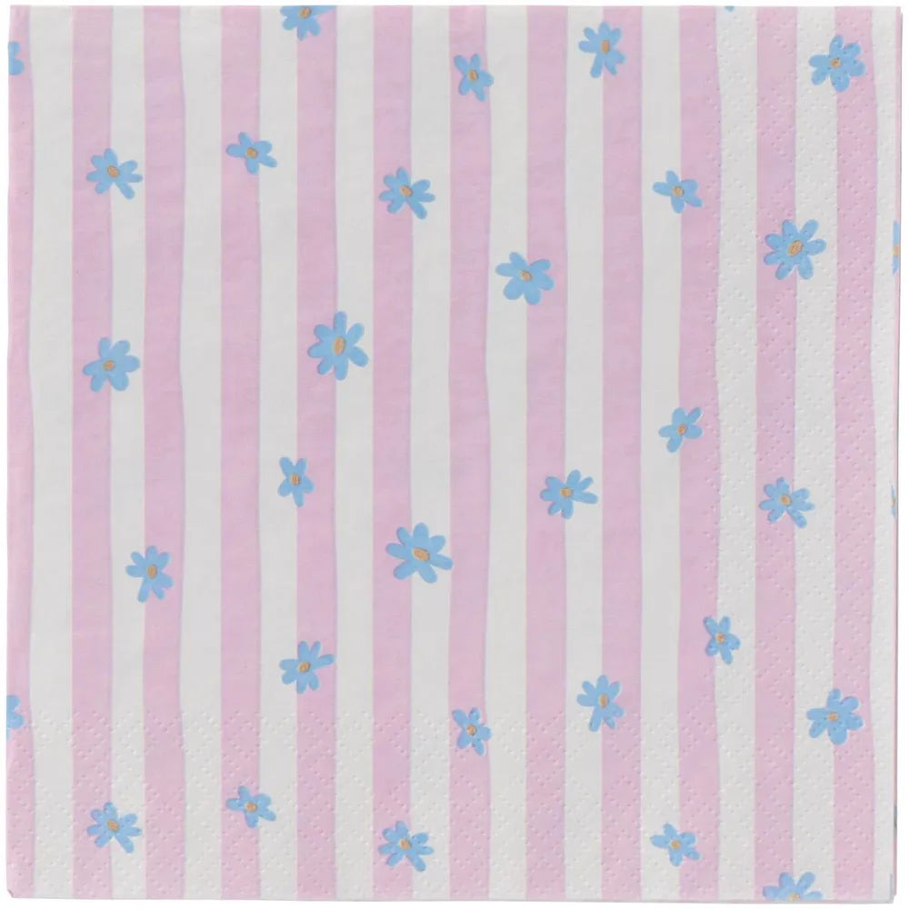 Ib Laursen - Serviette blaue Blumen und rosa Streifen 20 Stück
