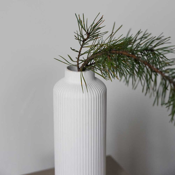 Storefactory – Ådala Vase Keramik mit weißem Rippendesign hält einen einzelnen Kiefernzweig vor einem einfachen Hintergrund.